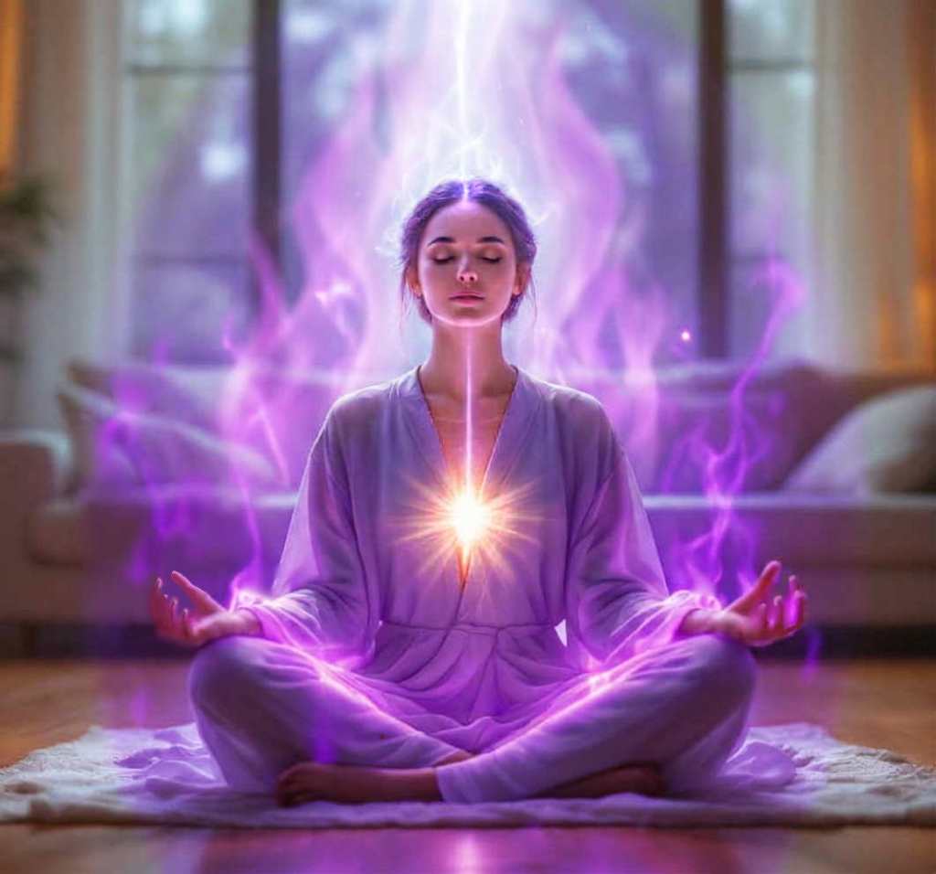 Add subtle blurred translucent violet flames above head and shoulders