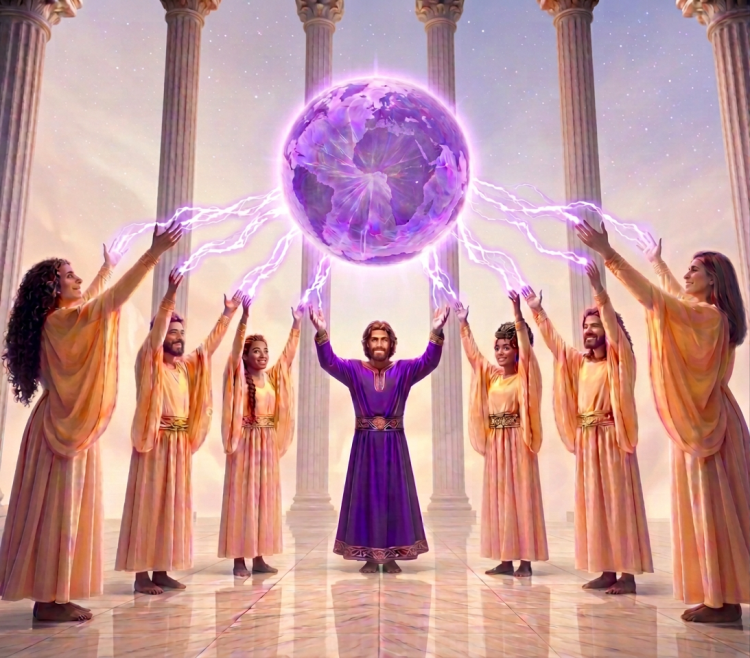 Seven robed figures raising hands beneath a glowing lightning-filled globe